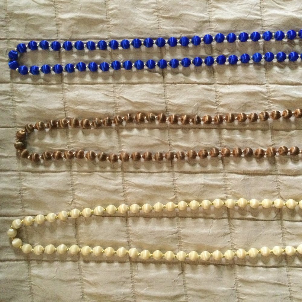 Lot of 3 Silk Thread Wrapped Beaded Necklaces yellow, brown and blue